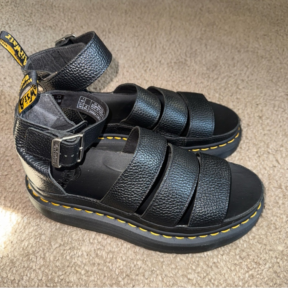 Dr. Martens Black Leather Sandals with Yellow Accents